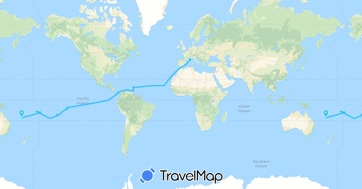 TravelMap itinerary: driving, boat in Cook Islands, Cape Verde, Ecuador, Spain, France, Gibraltar, Morocco, Netherlands, Panama, Trinidad and Tobago, United States, Saint Vincent and the Grenadines, Venezuela (Africa, Europe, North America, Oceania, South America)